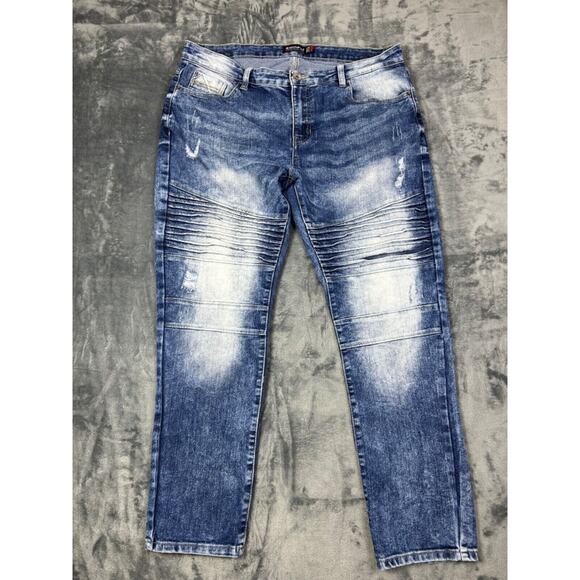 Southpole Men's Skinny Fit Moto Jeans 36x29 Blue Acid Wash‎ Distressed Biker Y2K - Picture 2 of 16